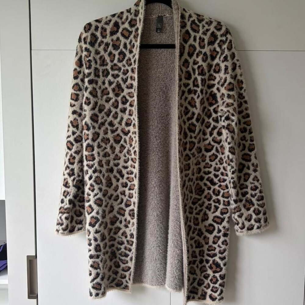 Alya Fuzzy Leopard Print Longline Cardigan Size S Open Front Eyelash Knit